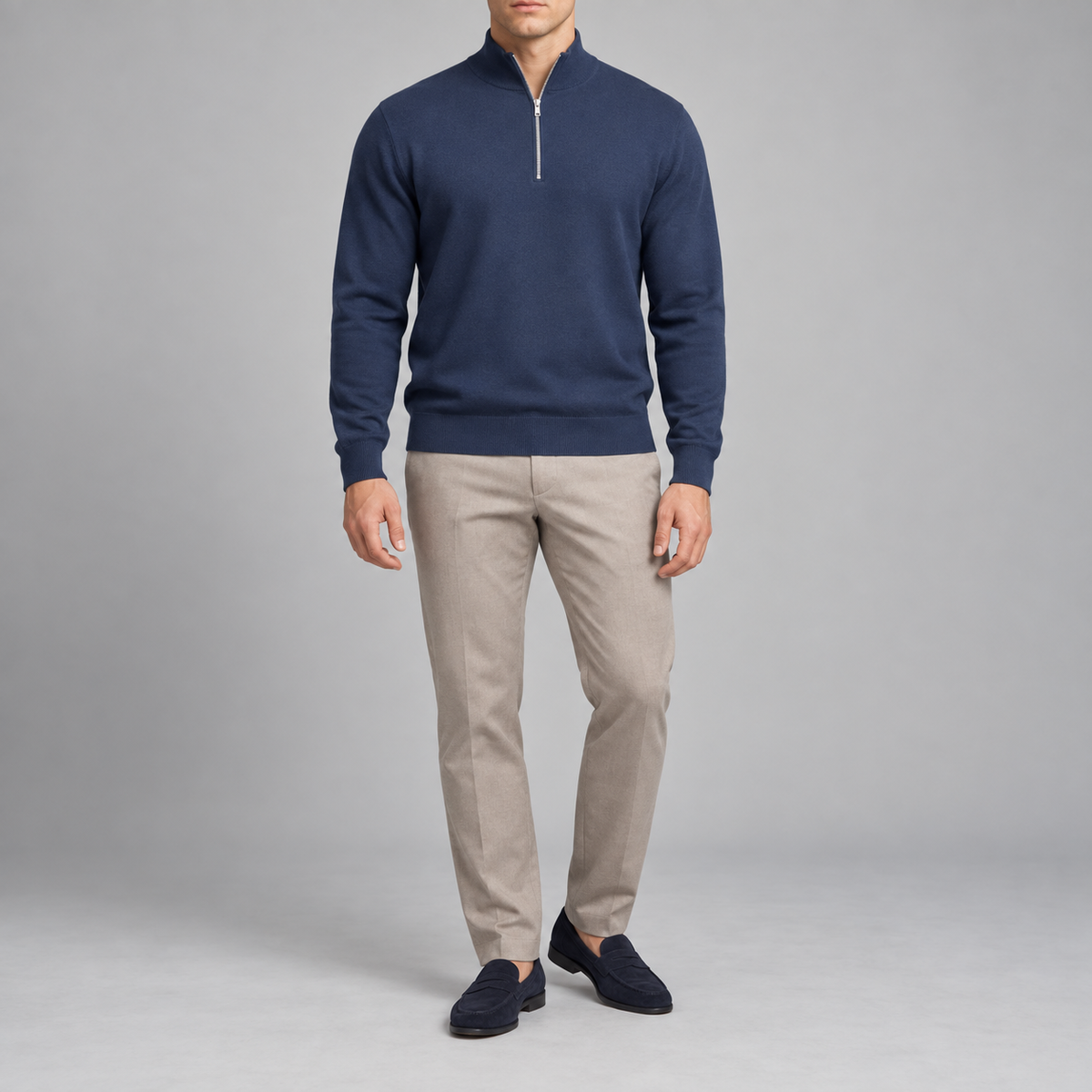Front studio view showing the plain Navy knit and quarter-zip neckline of Open Pace Quarter-Zip Sweater in Navy.