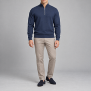 Front studio view showing the plain Navy knit and quarter-zip neckline of Open Pace Quarter-Zip Sweater in Navy.