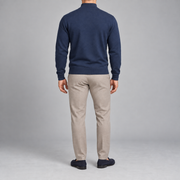 Rear studio view showing the plain Navy back and tonal ribbed hem of Open Pace Quarter-Zip Sweater in Navy.