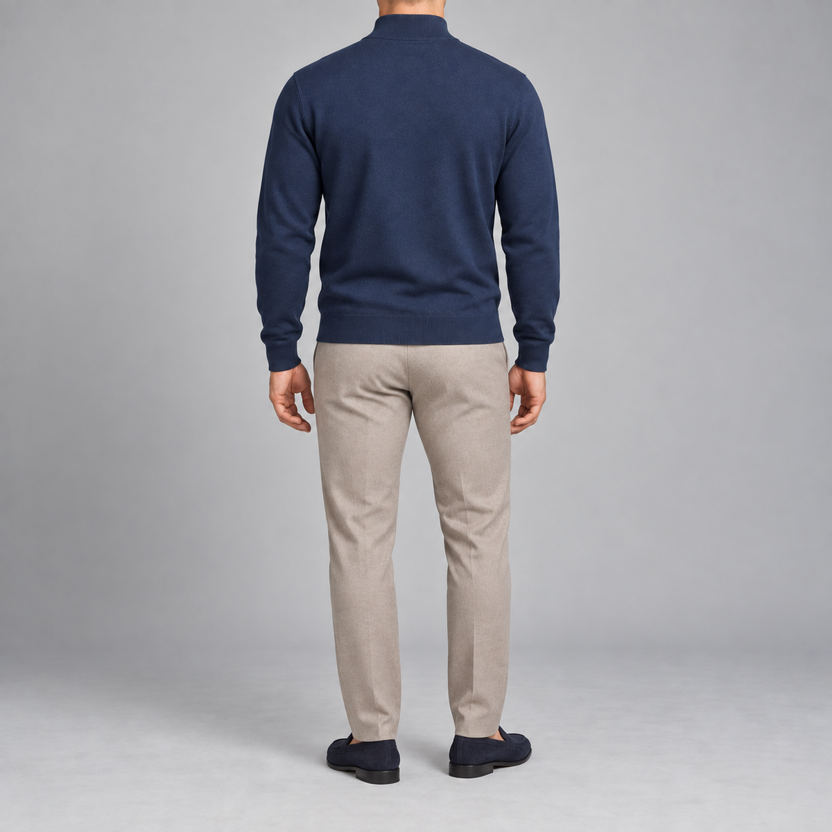 Rear studio view showing the plain Navy back and tonal ribbed hem of Open Pace Quarter-Zip Sweater in Navy.