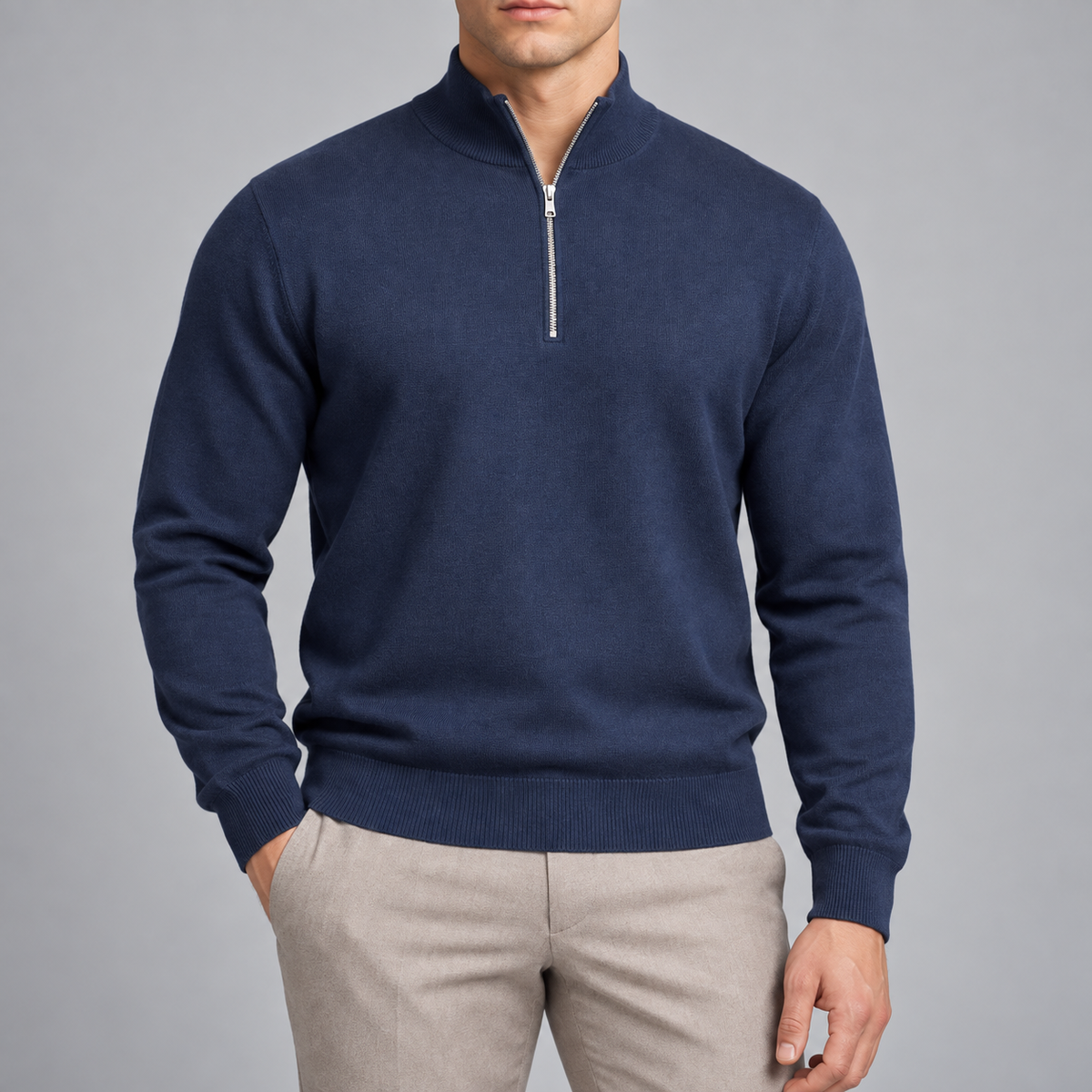 Close-up showing the Navy knit texture and open silver quarter zip of Open Pace Quarter-Zip Sweater in Navy.