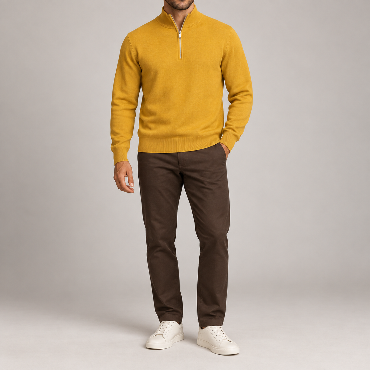Front studio view showing the plain Mustard knit and quarter zip of Open Pace Quarter-Zip Sweater in Mustard.