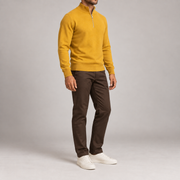 Three-quarter studio view showing the Mustard silhouette and tonal ribbed edges of Open Pace Quarter-Zip Sweater in Mustard.