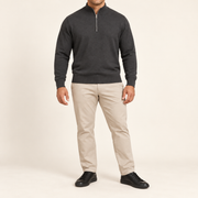 Front studio view showing plain Charcoal knit and quarter-zip collar of Open Pace Quarter-Zip Sweater in Charcoal.