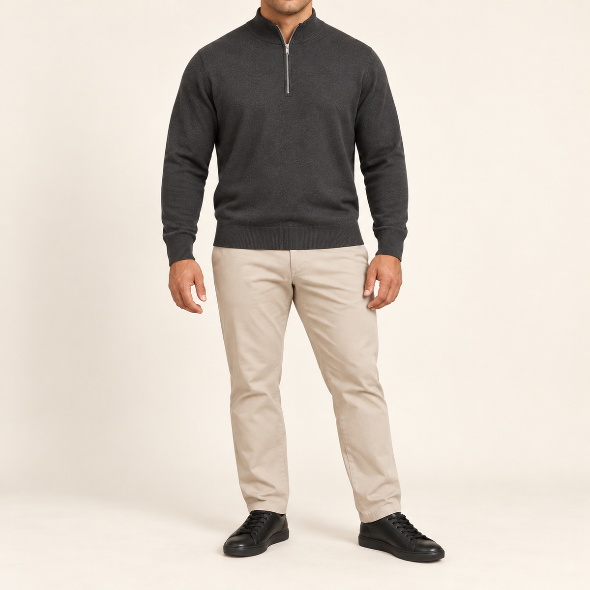 Front studio view showing plain Charcoal knit and quarter-zip collar of Open Pace Quarter-Zip Sweater in Charcoal.