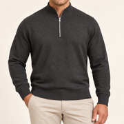 Close-up showing Charcoal fine knit and silver zipped neckline of Open Pace Quarter-Zip Sweater in Charcoal.