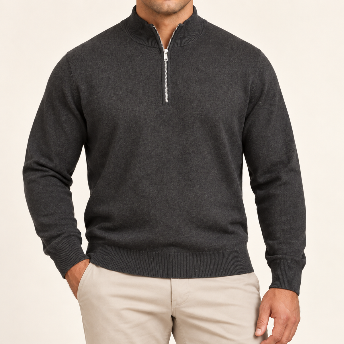 Close-up showing Charcoal fine knit and silver zipped neckline of Open Pace Quarter-Zip Sweater in Charcoal.