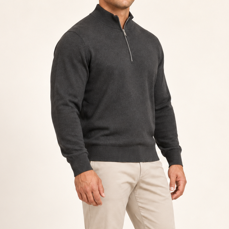 Three-quarter studio view showing the Charcoal silhouette and cuffs of Open Pace Quarter-Zip Sweater in Charcoal.