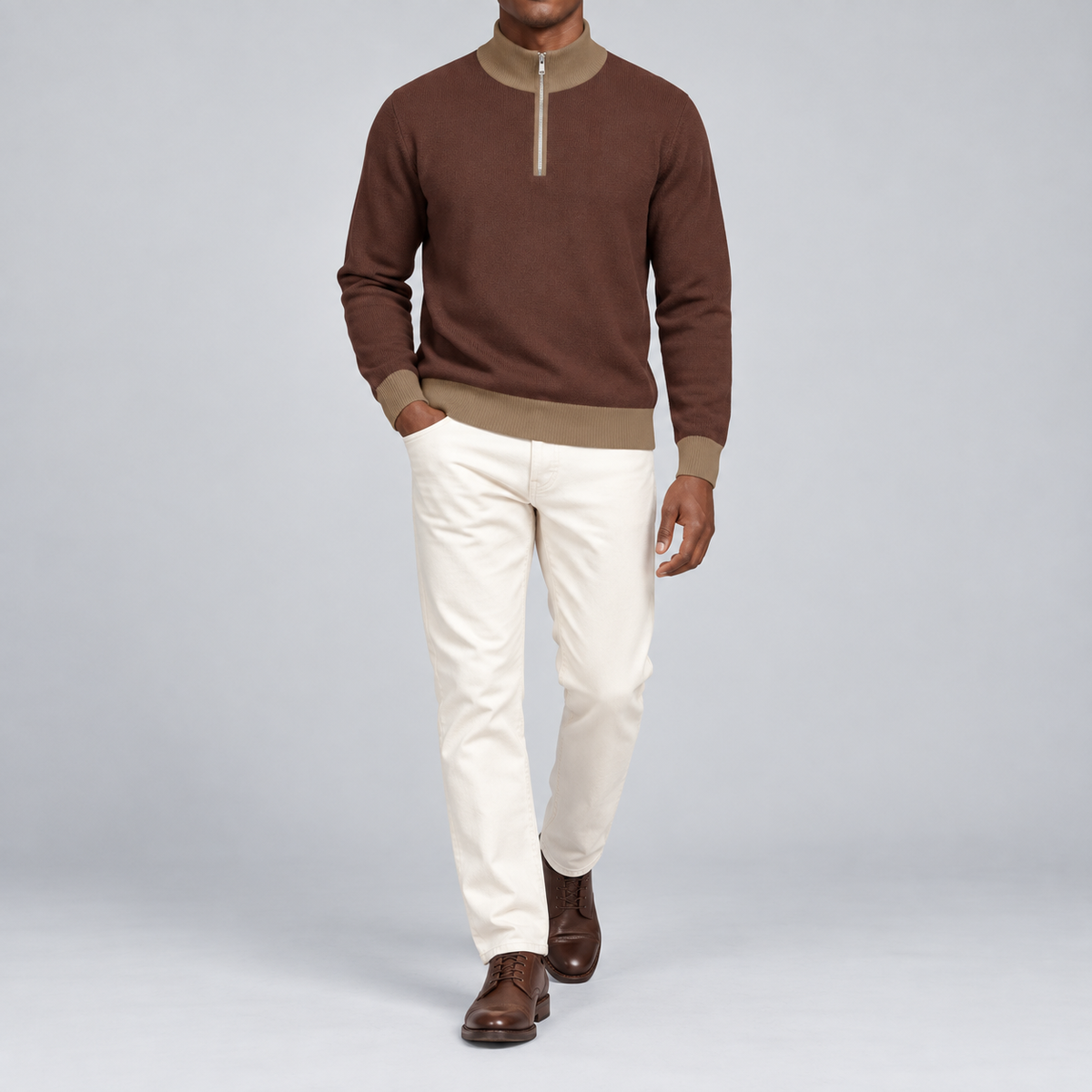 Front studio view showing Soil brown knit and Peanut collar cuffs and hem of Open Pace Quarter-Zip in Soil with Peanut Trim.