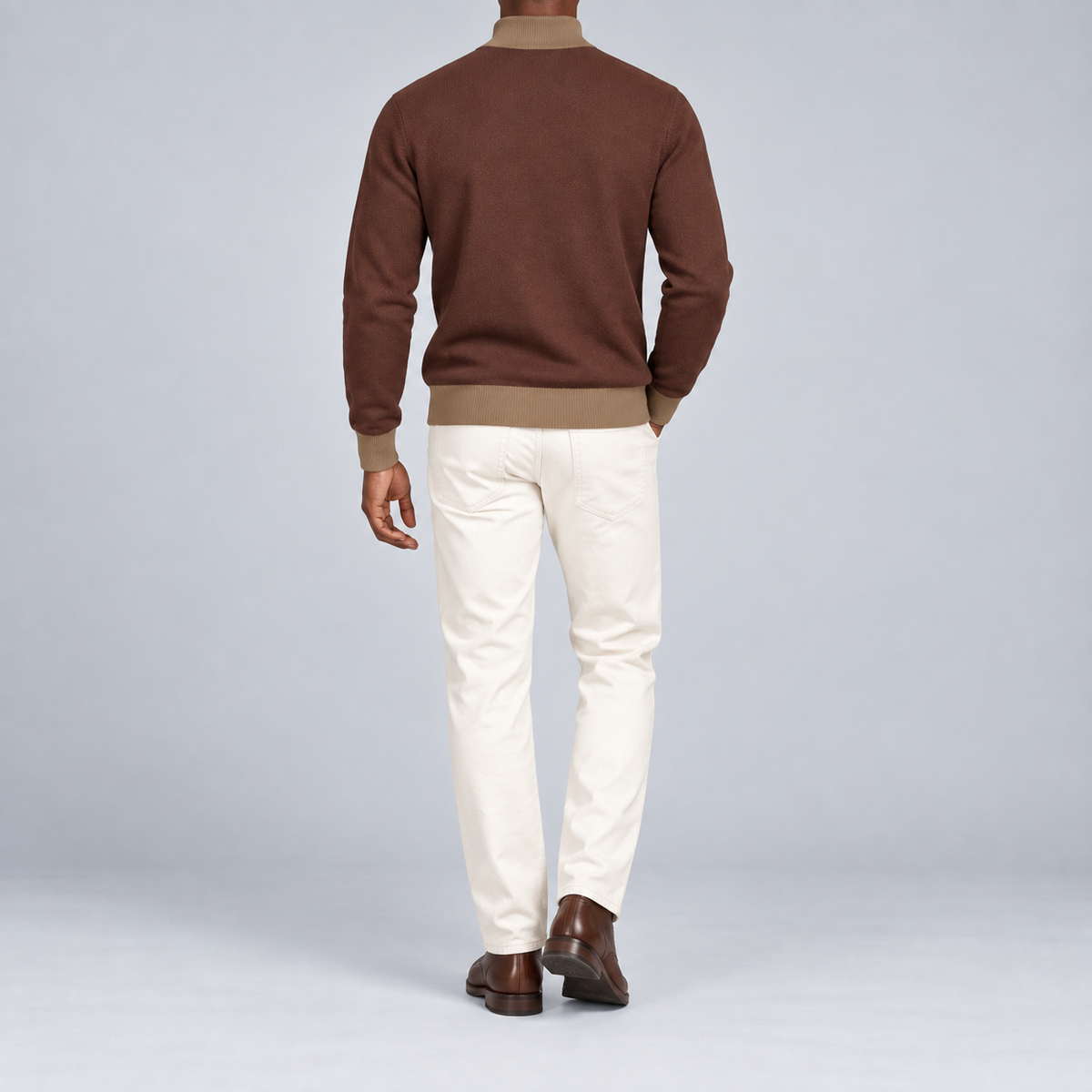 Rear studio view showing the plain Soil back and Peanut trim of Open Pace Quarter-Zip in Soil with Peanut Trim.