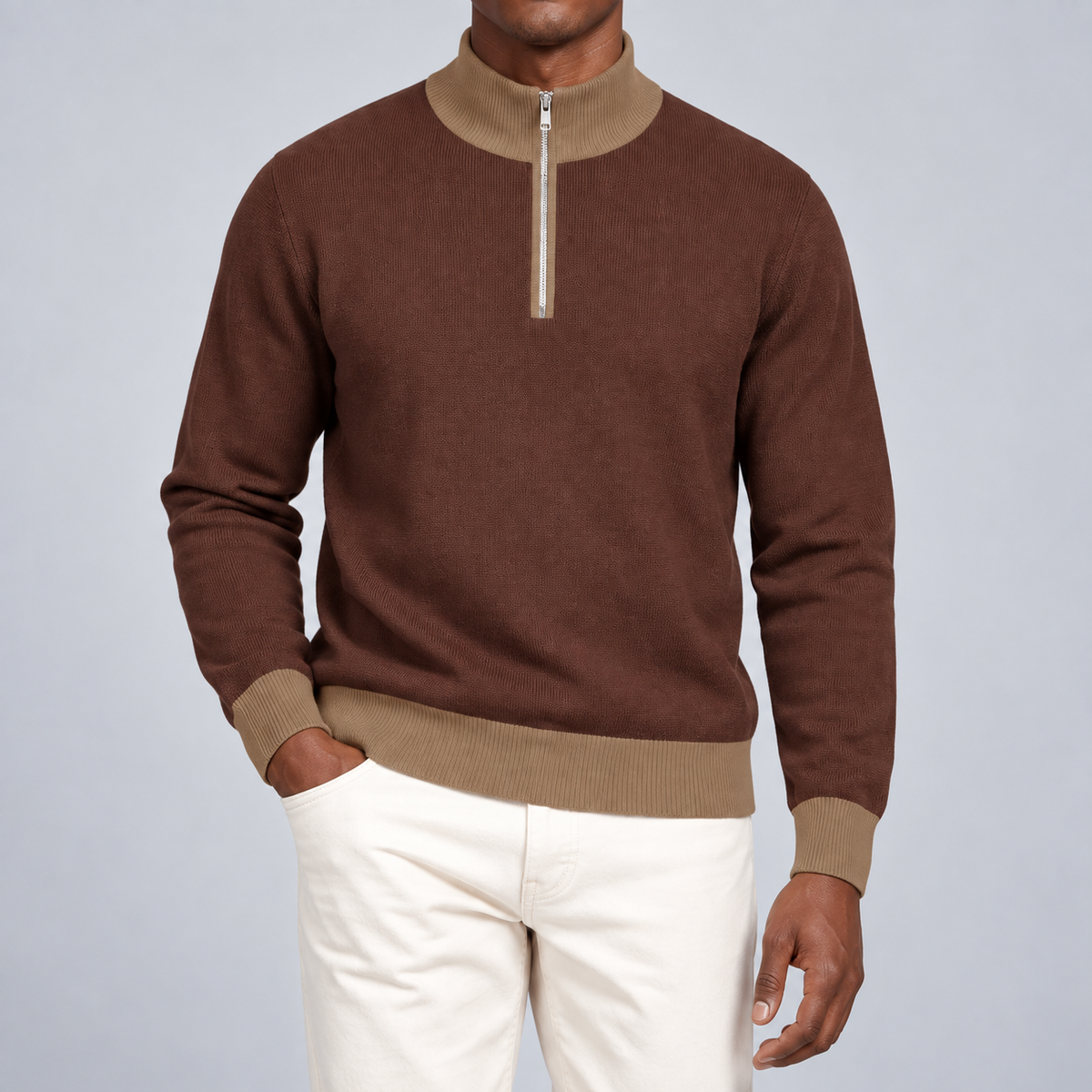 Close-up showing Soil knit texture Peanut collar and short silver zipper of Open Pace Quarter-Zip in Soil with Peanut Trim.