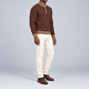 Three-quarter studio view showing the Soil silhouette with Peanut ribbed trim of Open Pace Quarter-Zip in Soil with Peanut Trim.