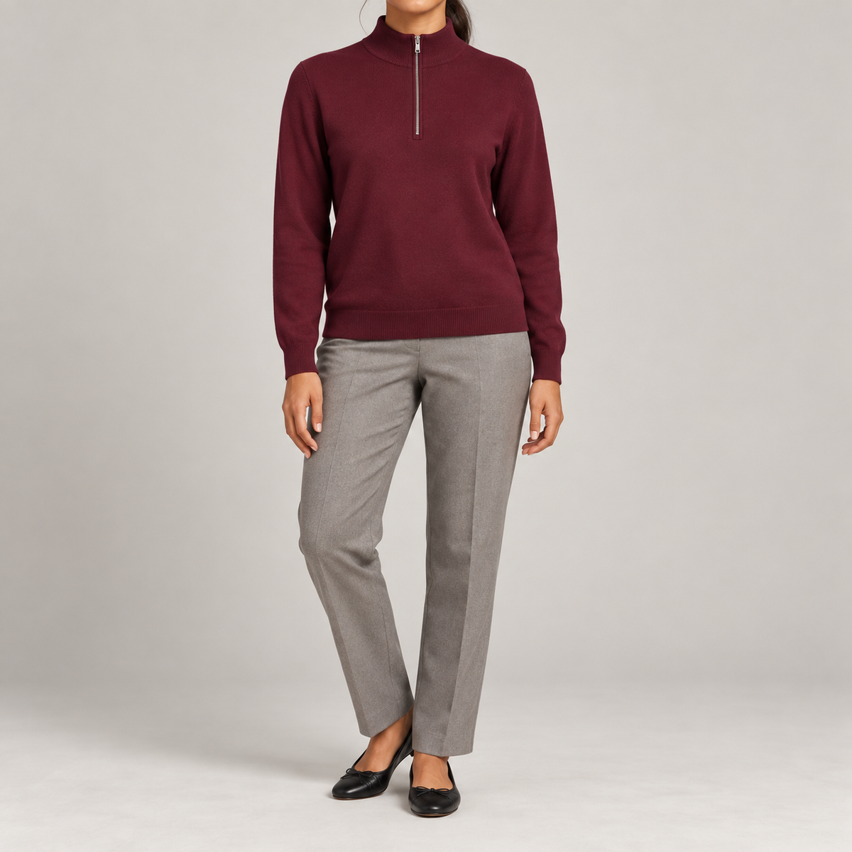Front studio view showing the plain Burgundy knit and zipped collar of Soft Pace Quarter-Zip Sweater in Burgundy.