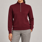 Close-up showing Burgundy fine knit and silver quarter zip of Soft Pace Quarter-Zip Sweater in Burgundy.