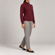 Three-quarter studio view showing the Burgundy silhouette and tonal cuffs of Soft Pace Quarter-Zip Sweater in Burgundy.