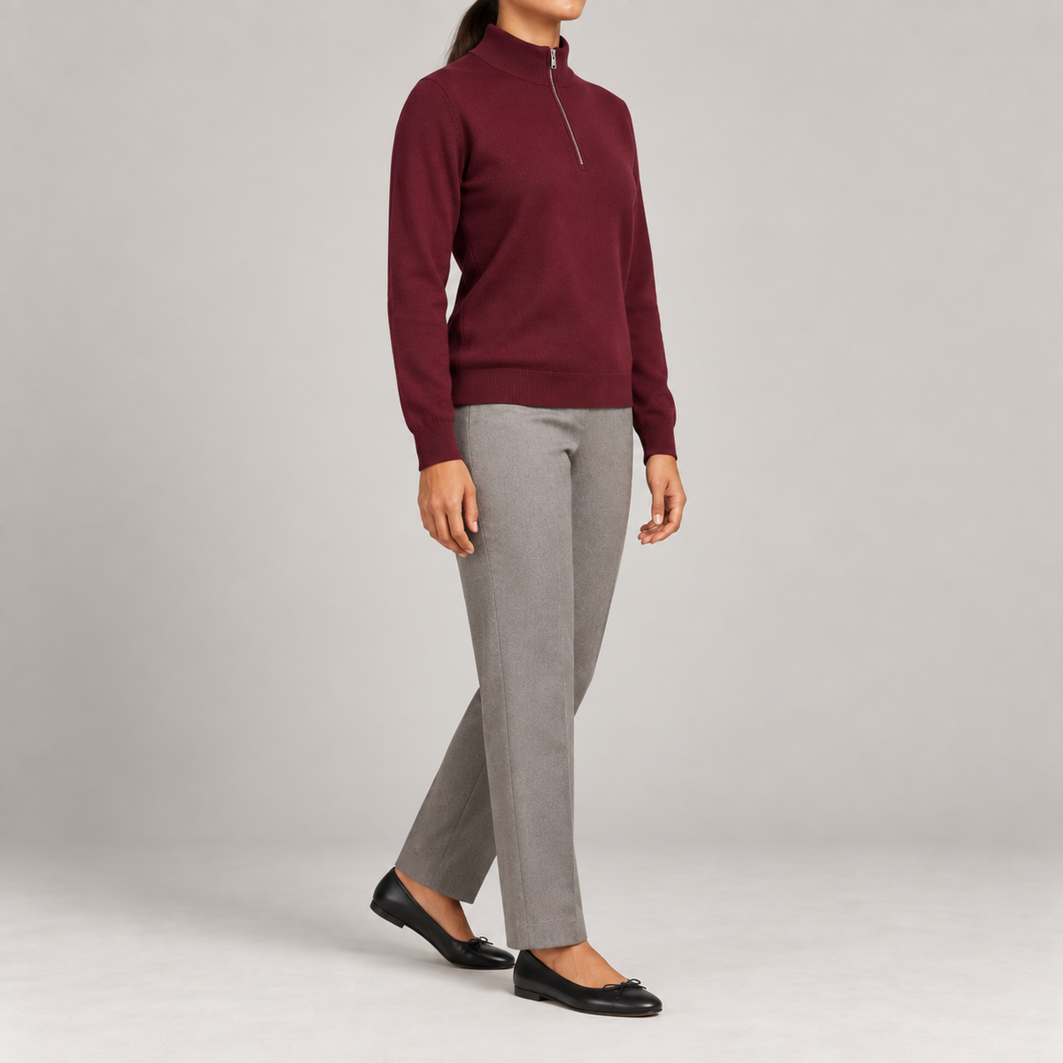 Three-quarter studio view showing the Burgundy silhouette and tonal cuffs of Soft Pace Quarter-Zip Sweater in Burgundy.