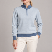 Close-up showing Powder knit texture Denim collar and short silver zipper of Soft Pace Quarter-Zip in Powder with Denim Trim.