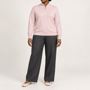 Front studio view showing Lt Pink plain knit and quarter-zip collar of Soft Pace Quarter-Zip Sweater in Lt Pink.