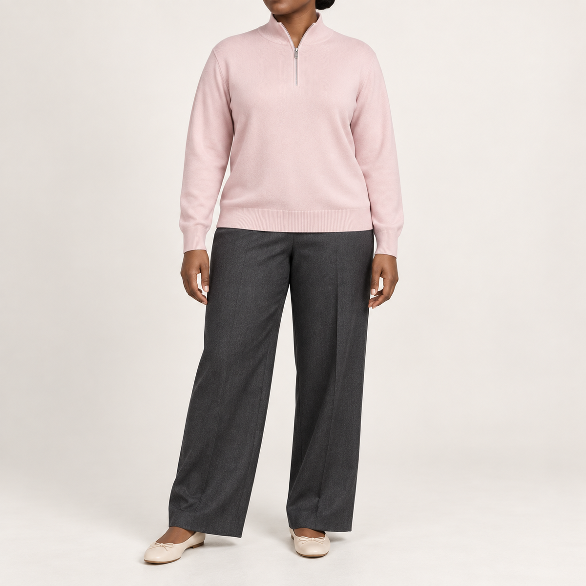 Front studio view showing Lt Pink plain knit and quarter-zip collar of Soft Pace Quarter-Zip Sweater in Lt Pink.
