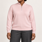 Close-up showing Lt Pink fine knit and short silver zipper of Soft Pace Quarter-Zip Sweater in Lt Pink.