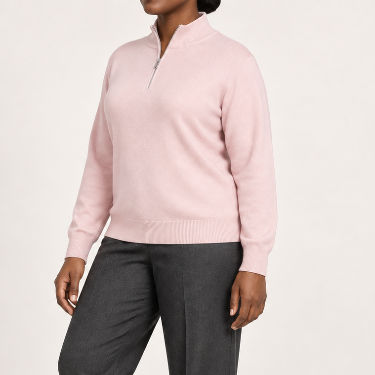Three-quarter studio view showing the Lt Pink silhouette and tonal cuffs of Soft Pace Quarter-Zip Sweater in Lt Pink.