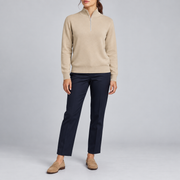 Front studio view showing the plain Beige knit and quarter-zip collar of Soft Pace Quarter-Zip Sweater in Beige.