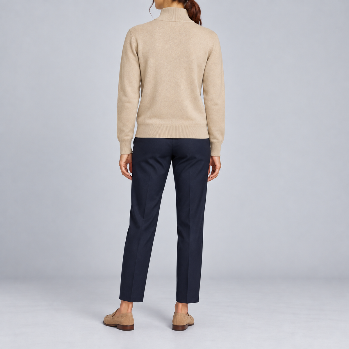 Rear studio view showing the Beige back and tonal ribbed hem of Soft Pace Quarter-Zip Sweater in Beige.
