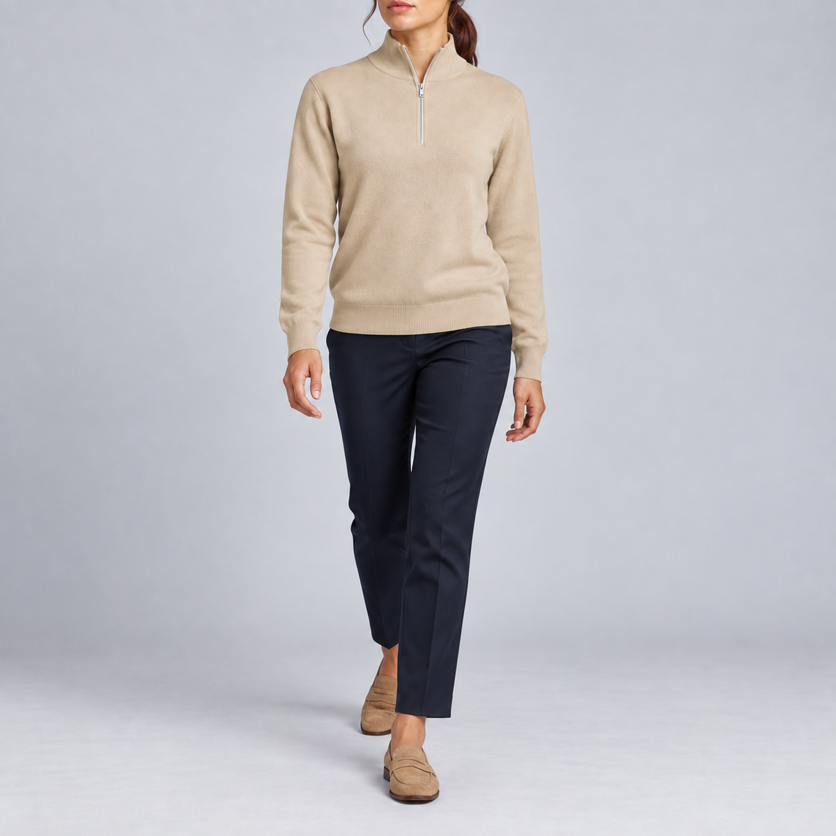 Walking studio view showing Beige knit drape and long sleeves of Soft Pace Quarter-Zip Sweater in Beige.