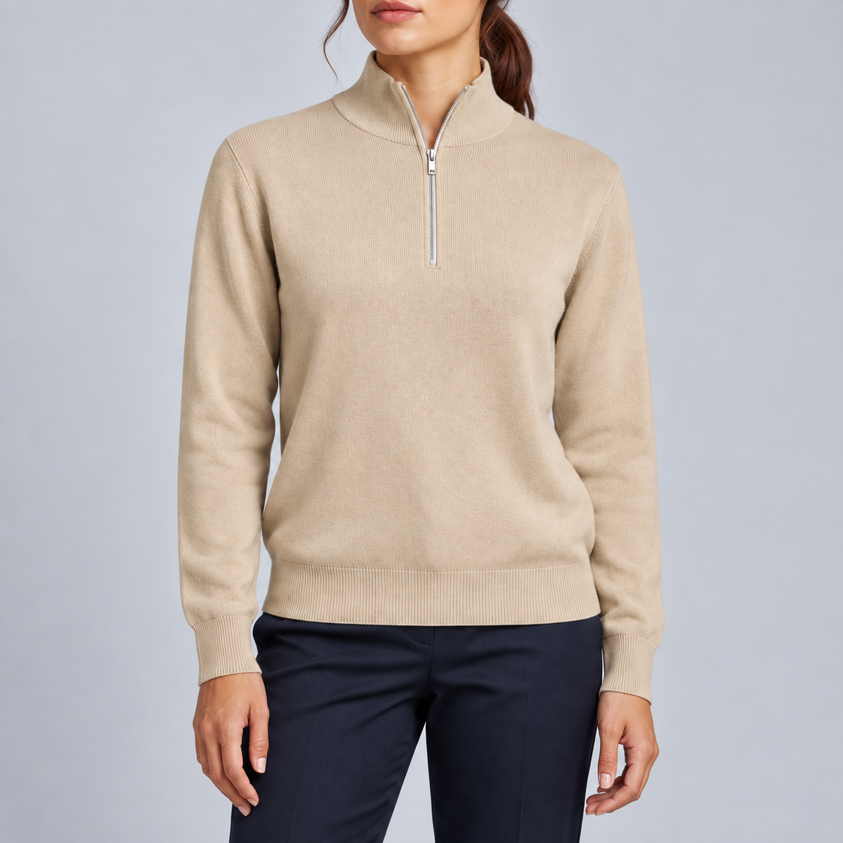 Close-up showing Beige fine knit and silver zipped neckline of Soft Pace Quarter-Zip Sweater in Beige.