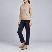 Three-quarter studio view showing the Beige silhouette and tonal cuffs of Soft Pace Quarter-Zip Sweater in Beige.