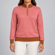 Close-up showing Coral fine knit Rust collar and short silver zipper of Soft Pace Quarter-Zip in Coral with Rust Trim.