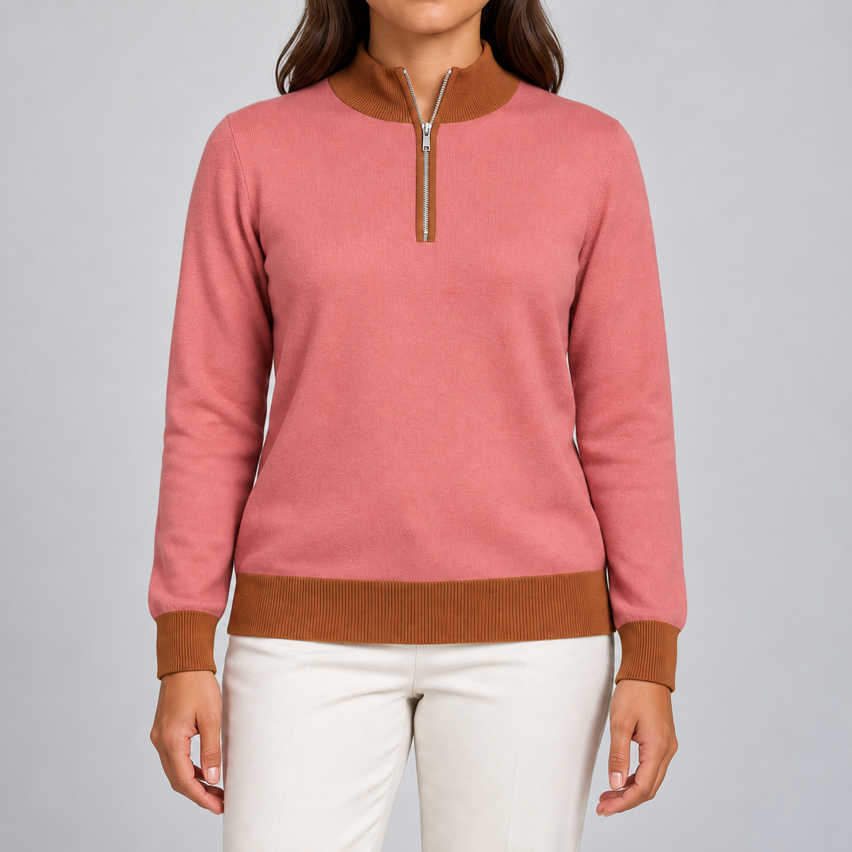 Close-up showing Coral fine knit Rust collar and short silver zipper of Soft Pace Quarter-Zip in Coral with Rust Trim.