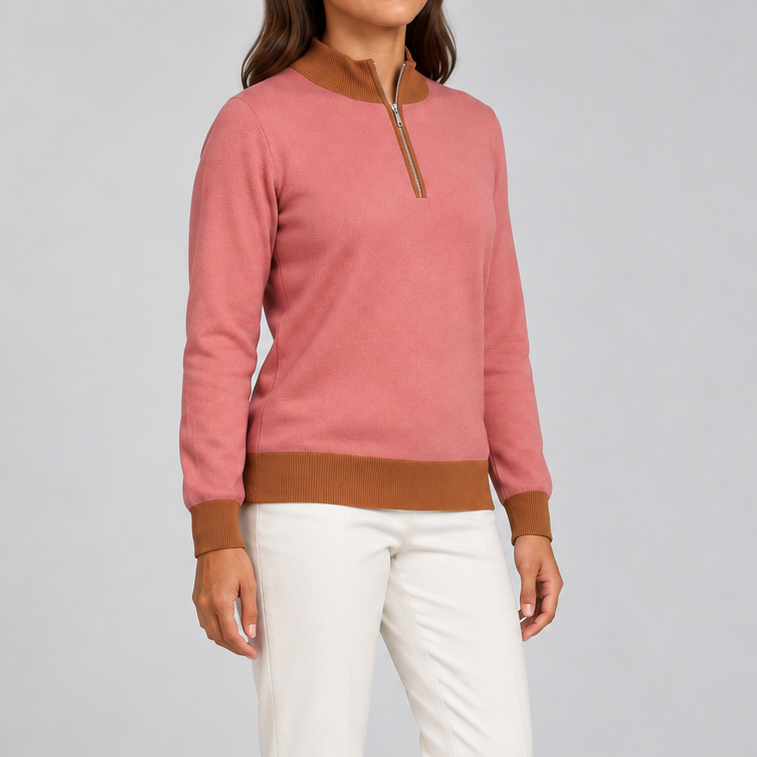 Soft Pace Quarter-Zip in Coral with Rust Trim