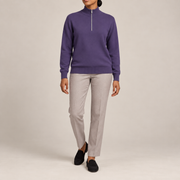 Front studio view showing the plain Violet knit and zipped collar of Soft Pace Quarter-Zip Sweater in Violet.