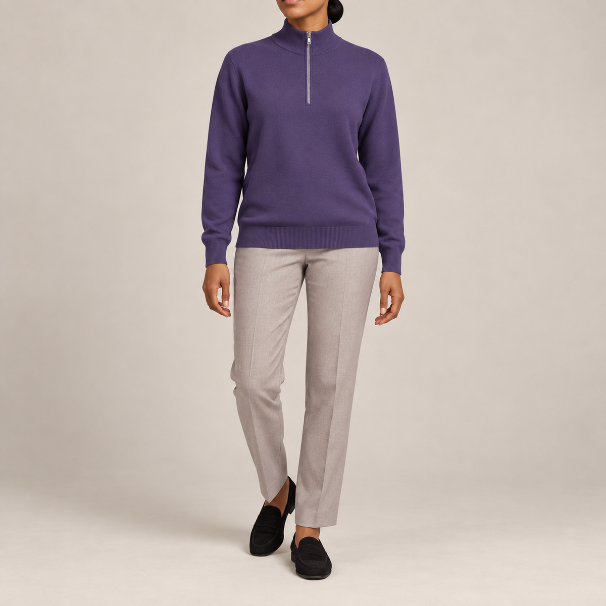 Front studio view showing the plain Violet knit and zipped collar of Soft Pace Quarter-Zip Sweater in Violet.