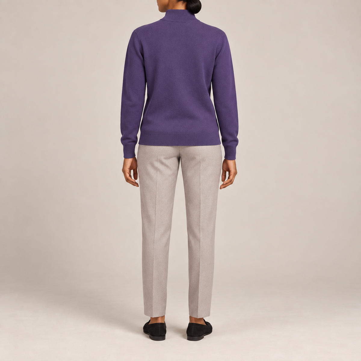 Rear studio view showing the Violet back and tonal ribbed hem of Soft Pace Quarter-Zip Sweater in Violet.