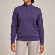 Close-up showing Violet fine knit and short silver quarter zip of Soft Pace Quarter-Zip Sweater in Violet.