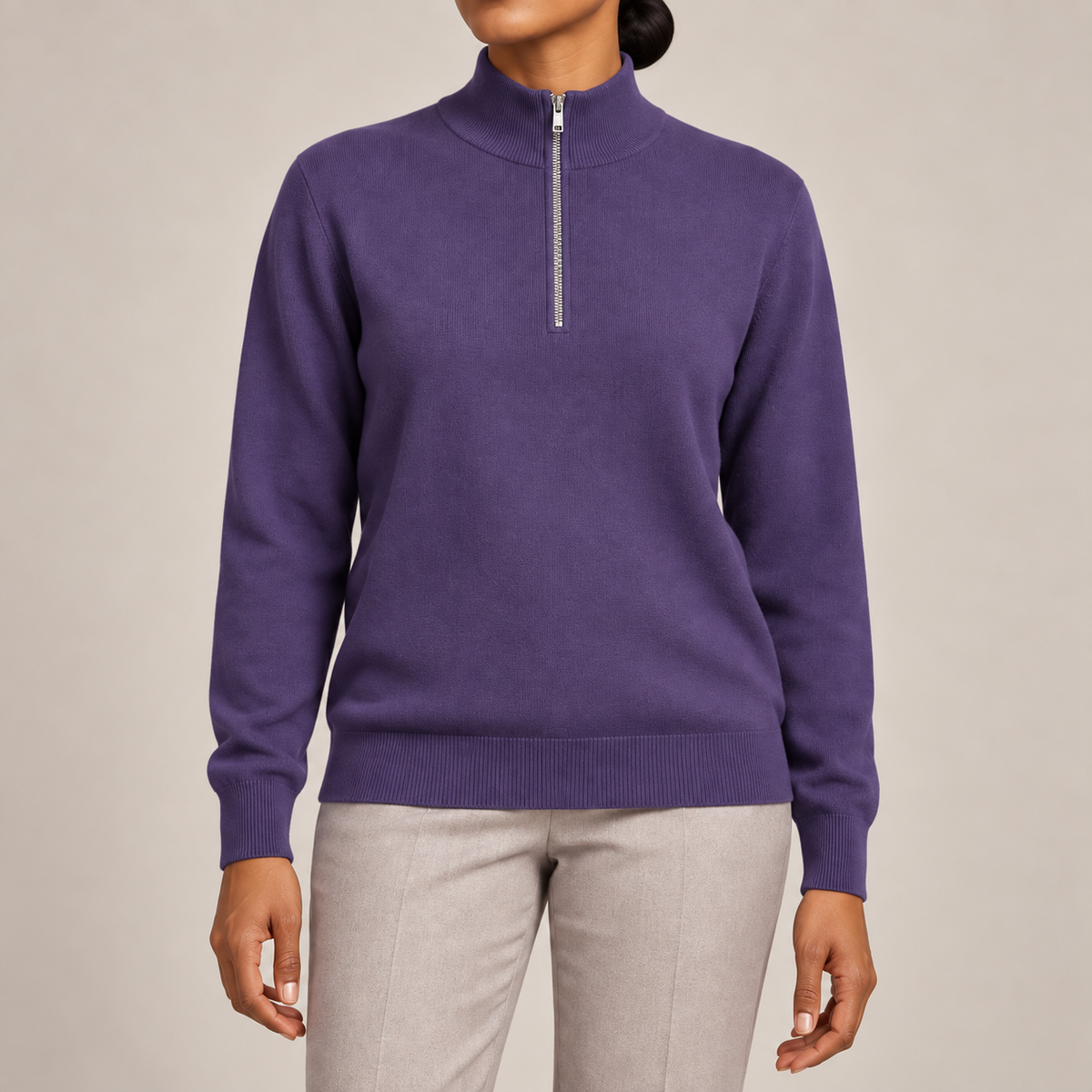 Close-up showing Violet fine knit and short silver quarter zip of Soft Pace Quarter-Zip Sweater in Violet.