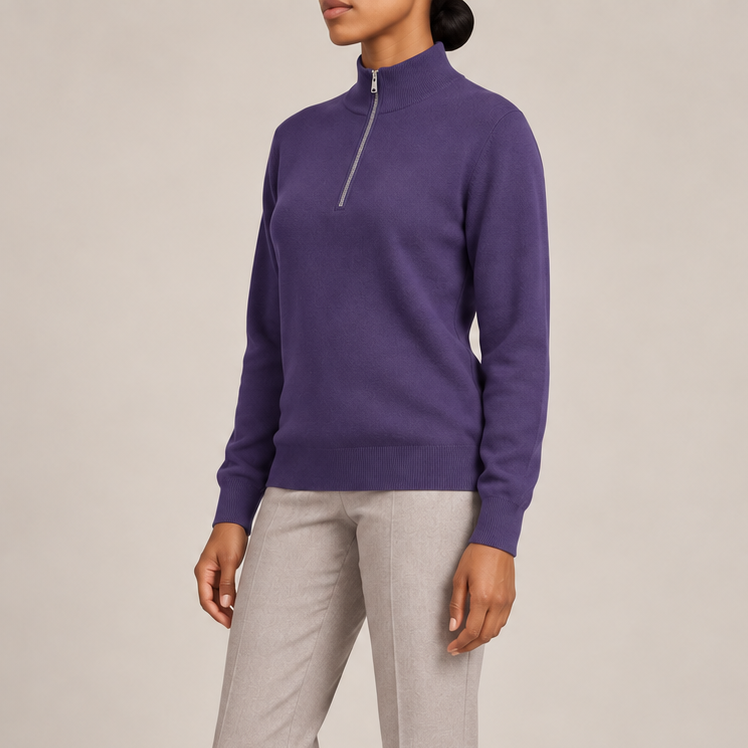 Three-quarter studio view showing the Violet silhouette and tonal cuffs of Soft Pace Quarter-Zip Sweater in Violet.