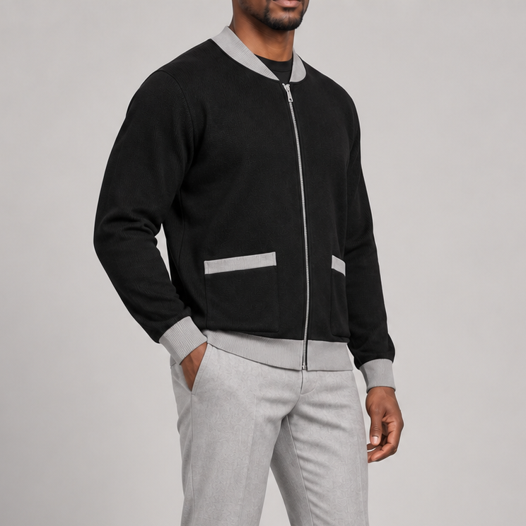 Afterlight Knit Bomber in Black with Grey Trim