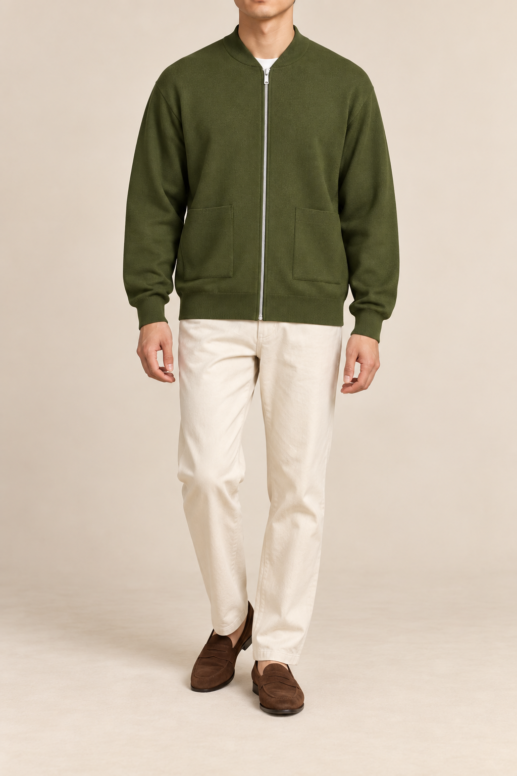 Front studio view showing full zip and front pockets of Afterlight Knit Bomber in Olive.