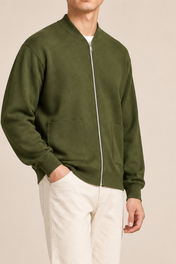 Three-quarter studio view showing the bomber silhouette of Afterlight Knit Bomber in Olive.