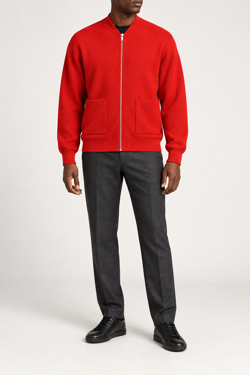 Front studio view showing full zip and front pockets of Afterlight Knit Bomber in Chili.