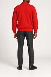 Rear studio view showing plain knit back and ribbed hem of Afterlight Knit Bomber in Chili.