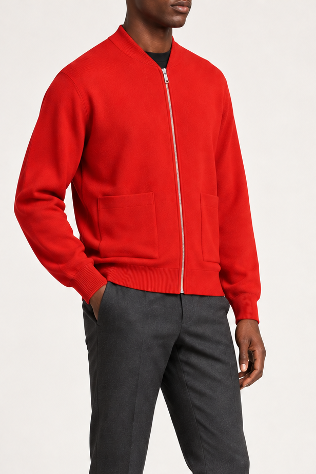 Three-quarter studio view showing the bomber silhouette of Afterlight Knit Bomber in Chili.
