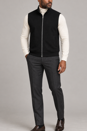 Still Form Zip Vest in Black, elegantly layered on a male model, full outfit front view.
