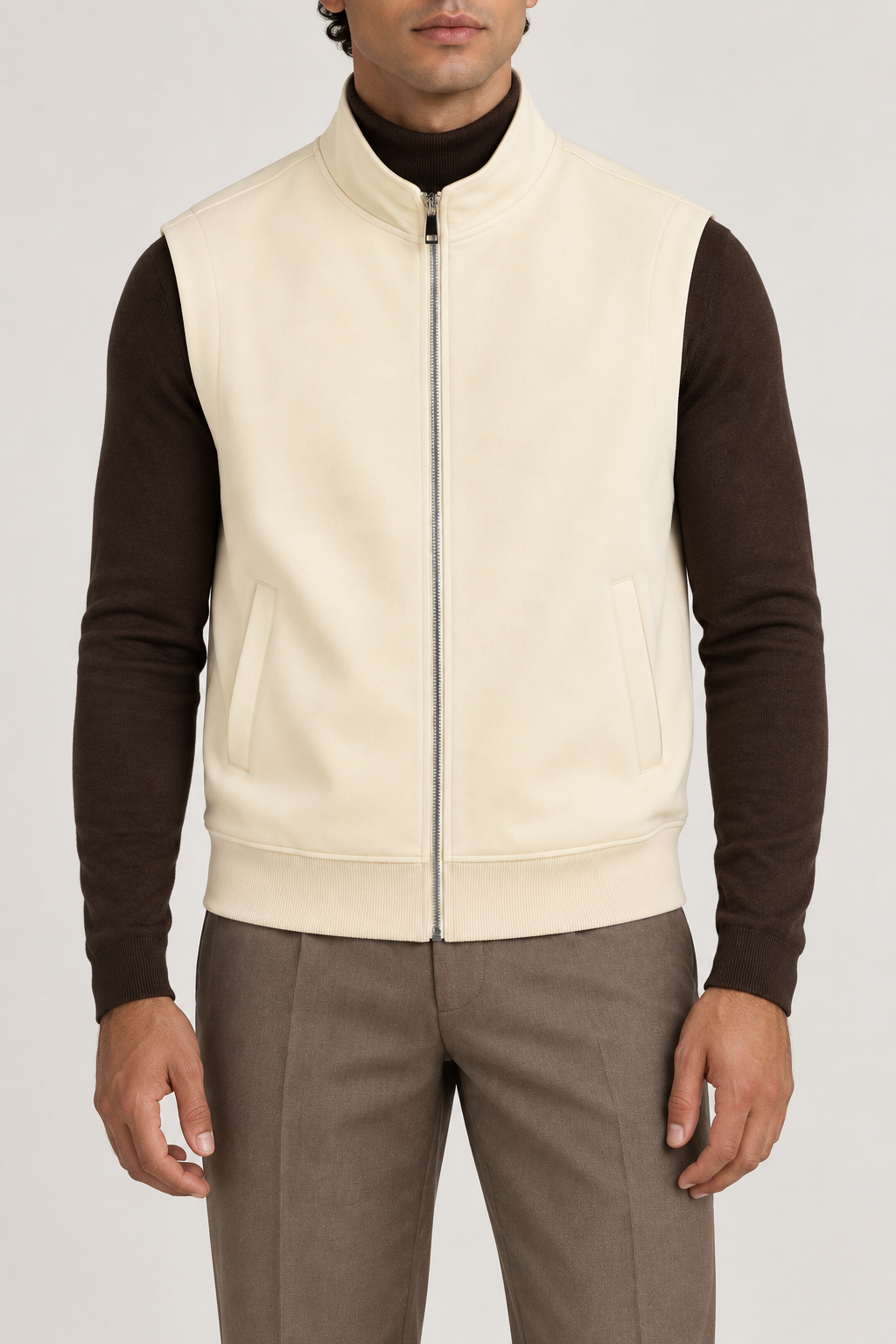 Still Form Zip Vest in Mild Apricot, elegantly layered on a male model, close front hero.