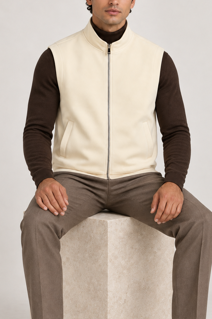 Still Form Zip Vest in Mild Apricot, elegantly layered on a male model, full outfit front view.