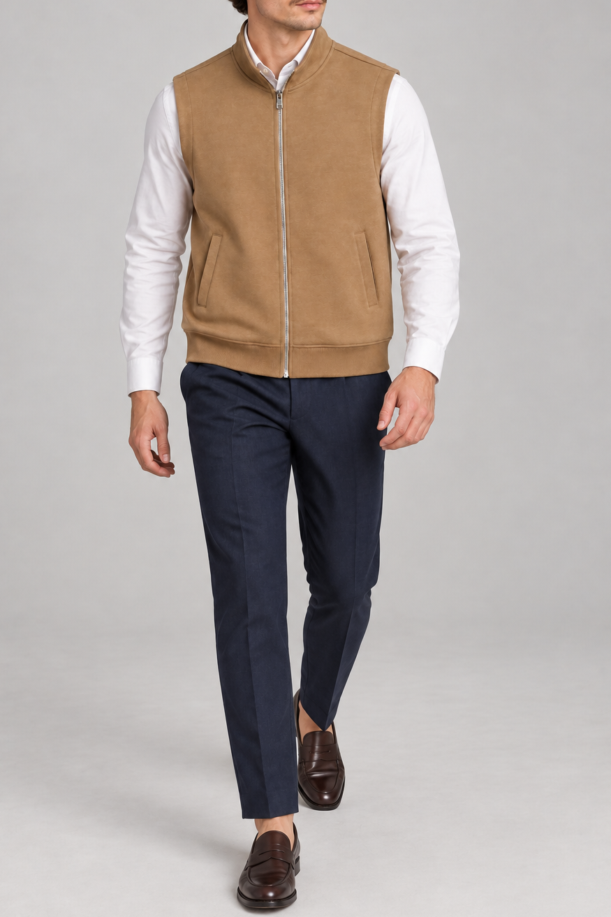 Still Form Zip Vest in Khaki, elegantly layered on a male model, full outfit front view.