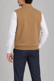 Still Form Zip Vest in Khaki, elegantly layered on a male model, rear three-quarter view.